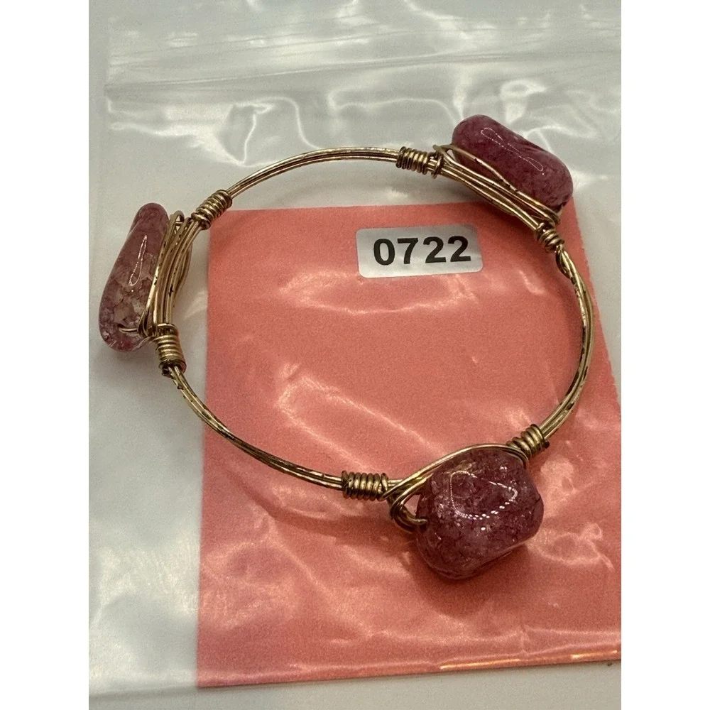 Wire Wrapped Bangle Bracelet Pink Stone or Glass Gold Tone 7